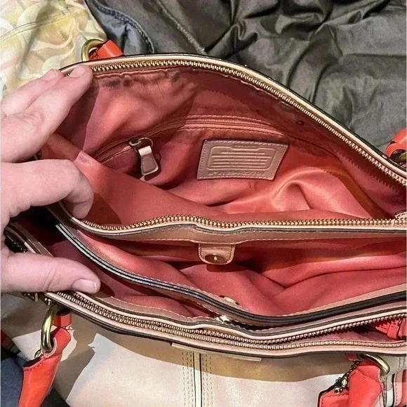 Coach Madison Coral Colorblock Leather Parchment Kara Carryall Tote Bag - Picture 8 of 8